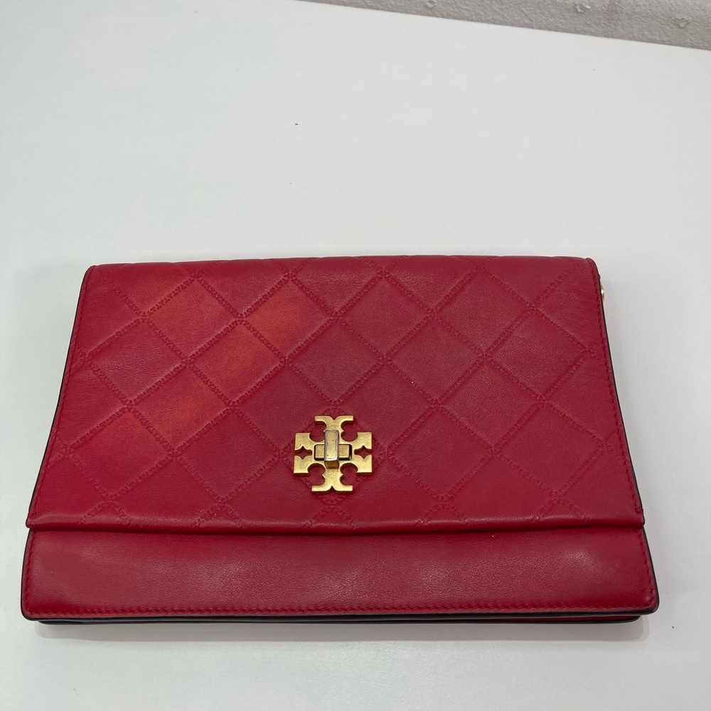 Tory Burch Georgia Leather Crossbody Clutch Bag Purse Red Quilted Turn Lock